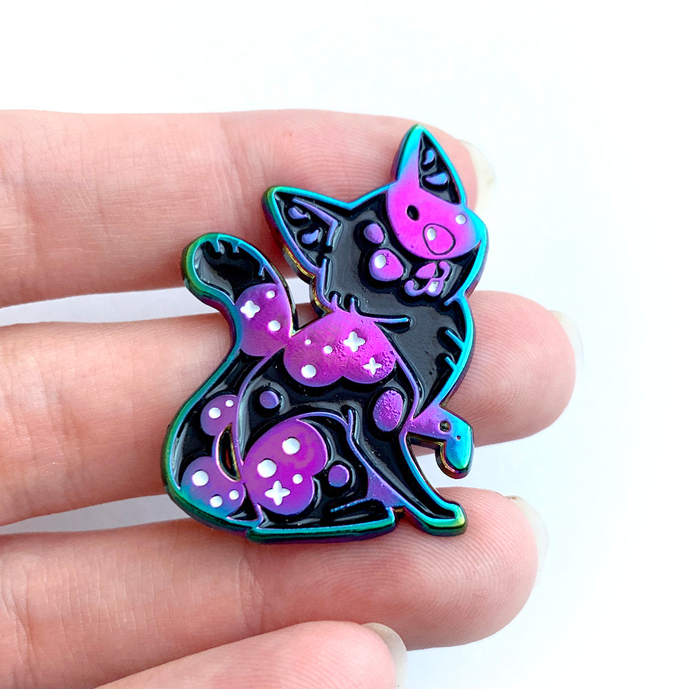 Rainbow Black Bicolored Cat Enamel Pin