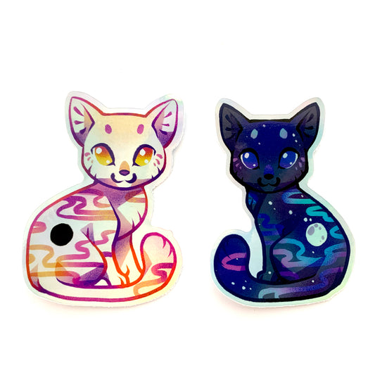 Holographic Eclipse and Full moon Cat Stickers