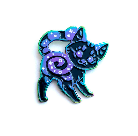 Rainbow Black Marbled Cat Enamel Pin