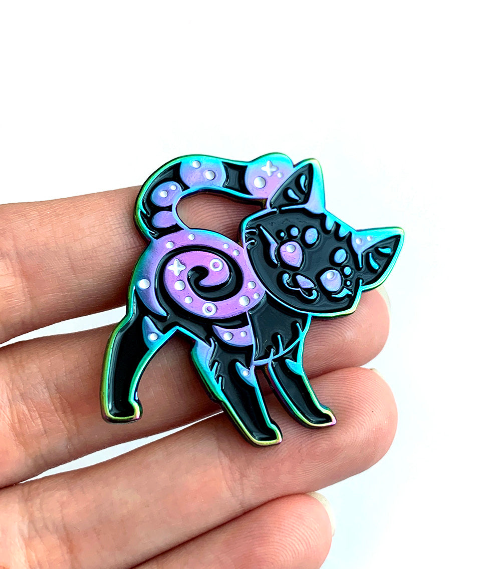 Rainbow Black Marbled Cat Enamel Pin