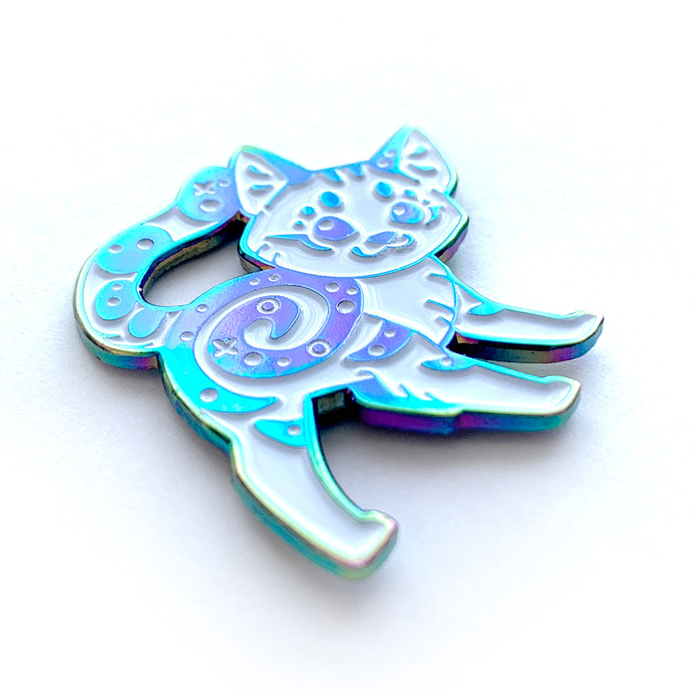 Rainbow White Marbled Cat Enamel Pin