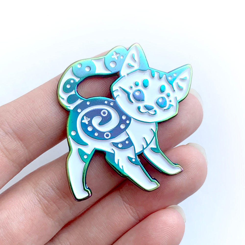 Rainbow White Marbled Cat Enamel Pin