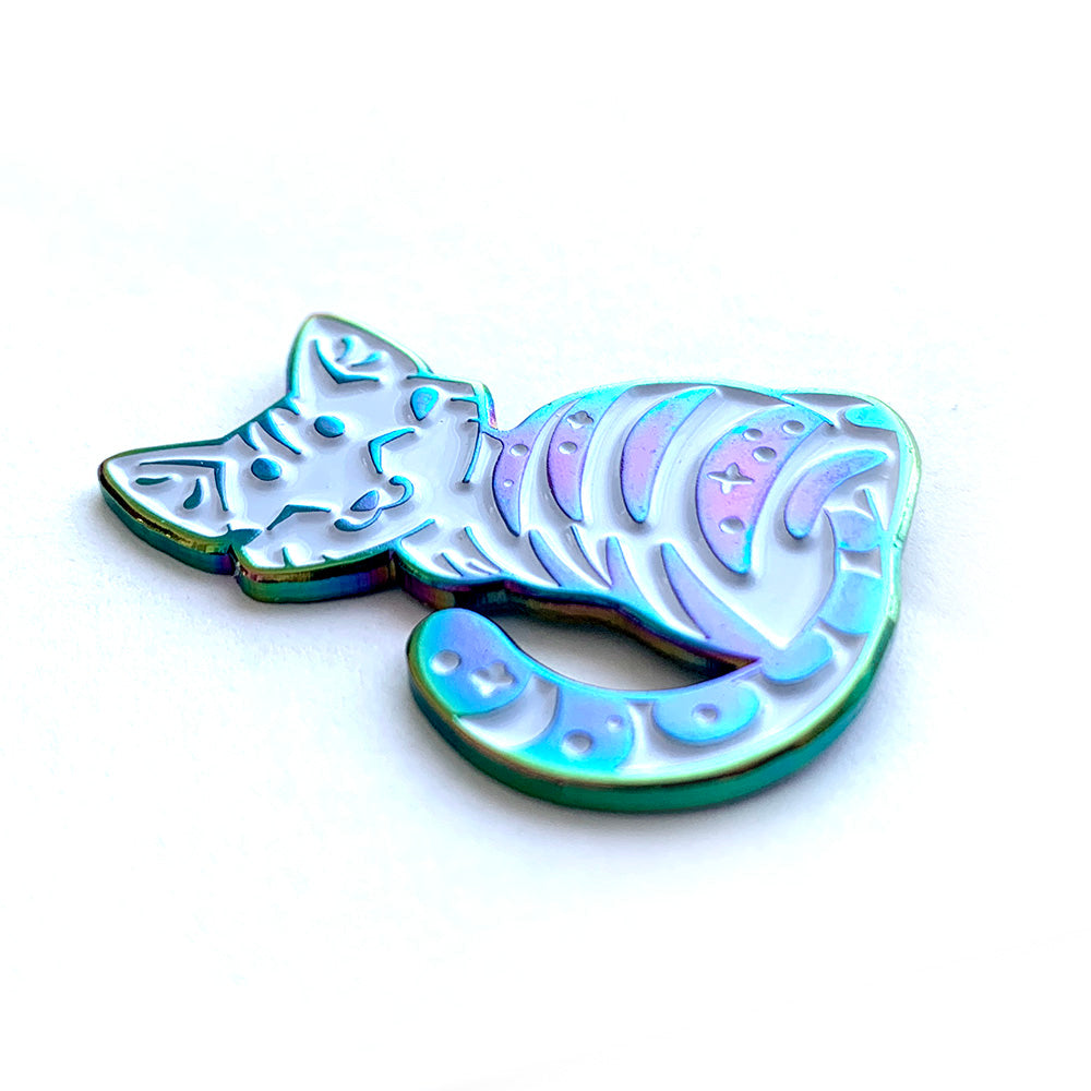 Rainbow White Tabby Cat Enamel Pin