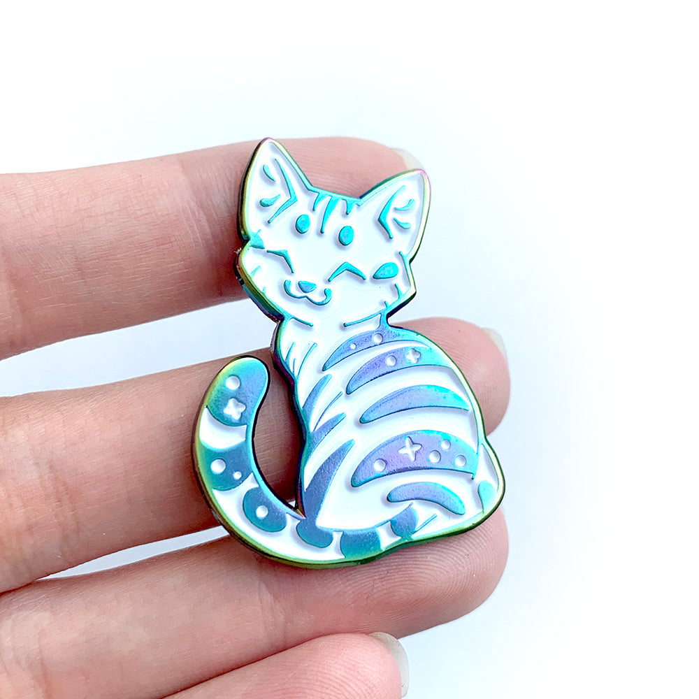 Rainbow White Tabby Cat Enamel Pin