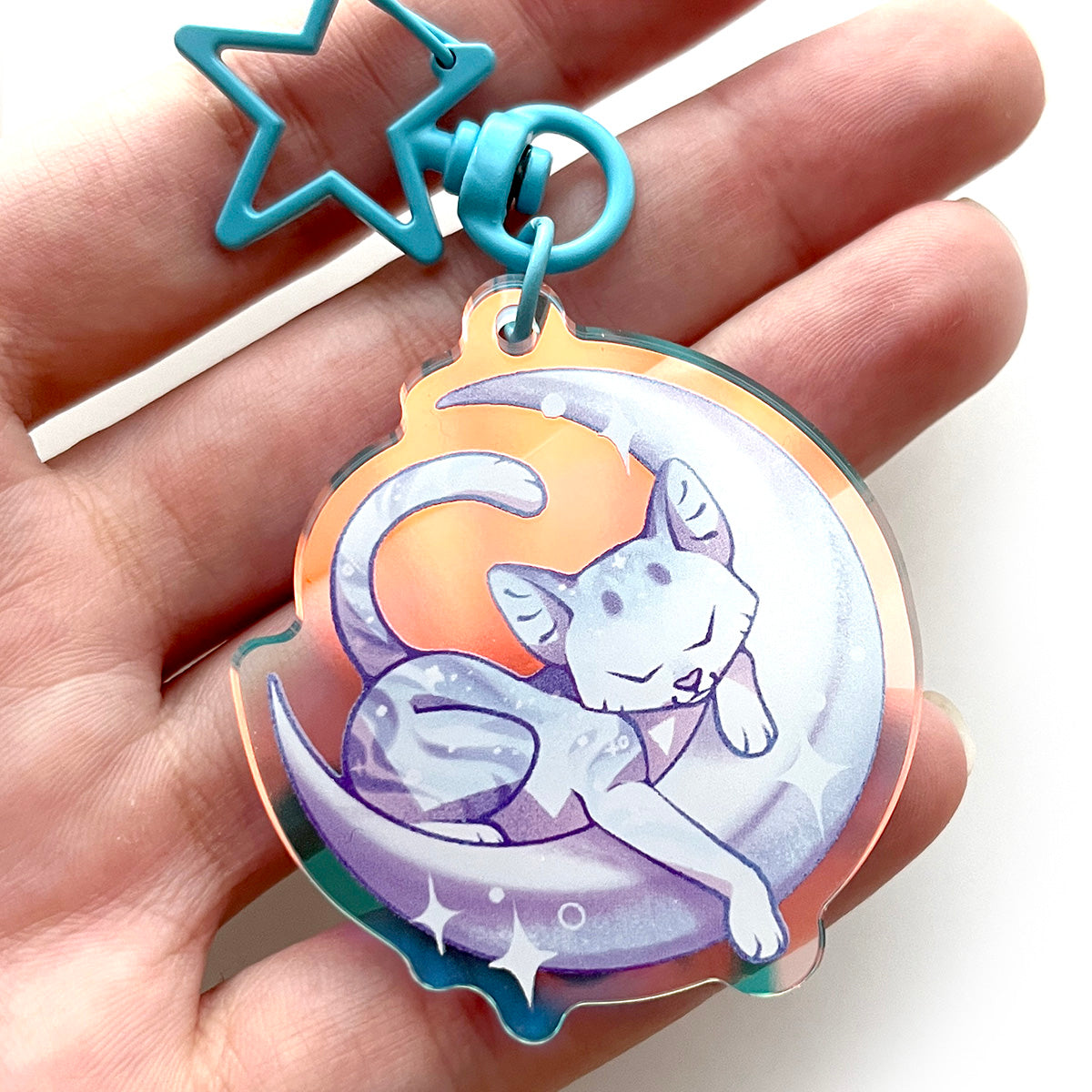 Moonlight Cat Rainbow Keychain Charm