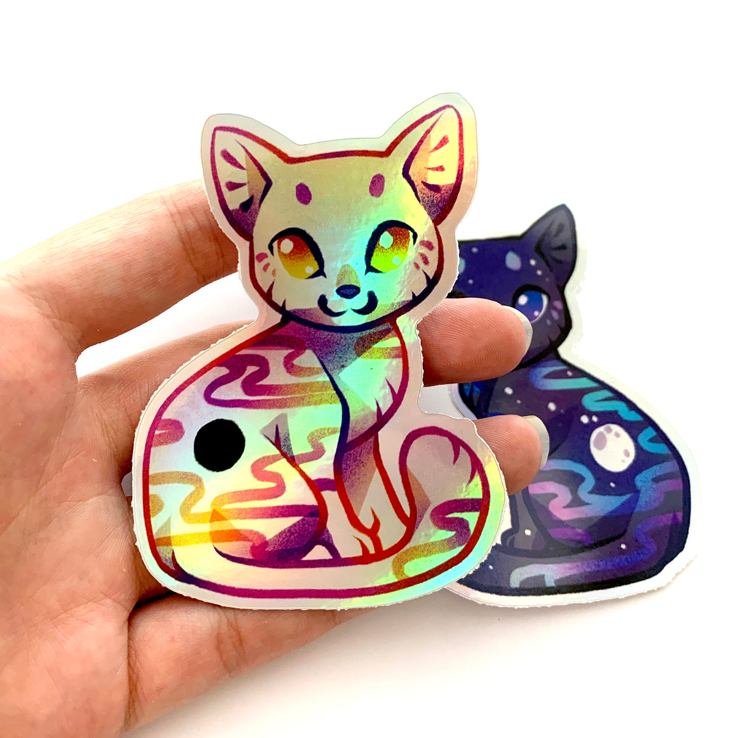 Holographic Eclipse and Full moon Cat Stickers