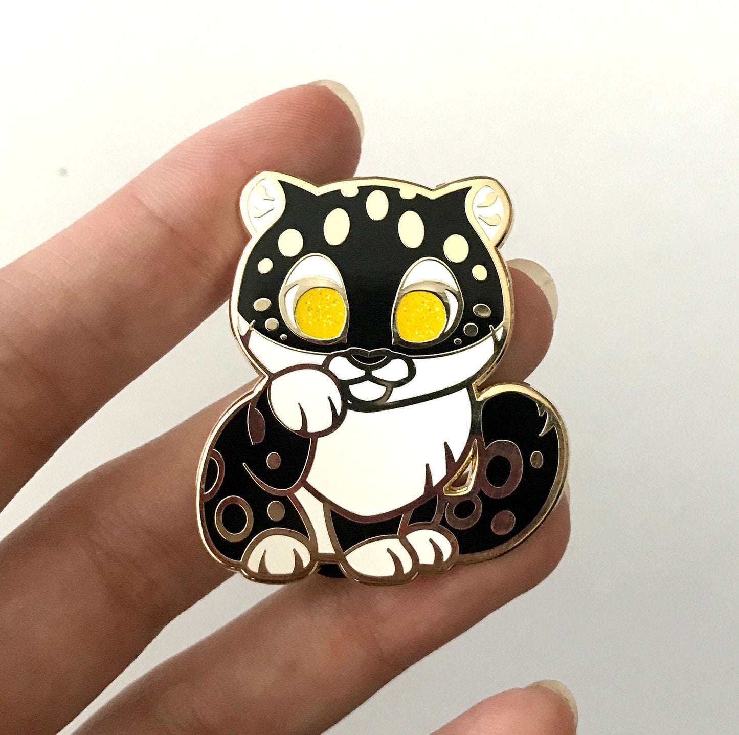 Black Snow Leopard Lucky Cat Enamel Pin
