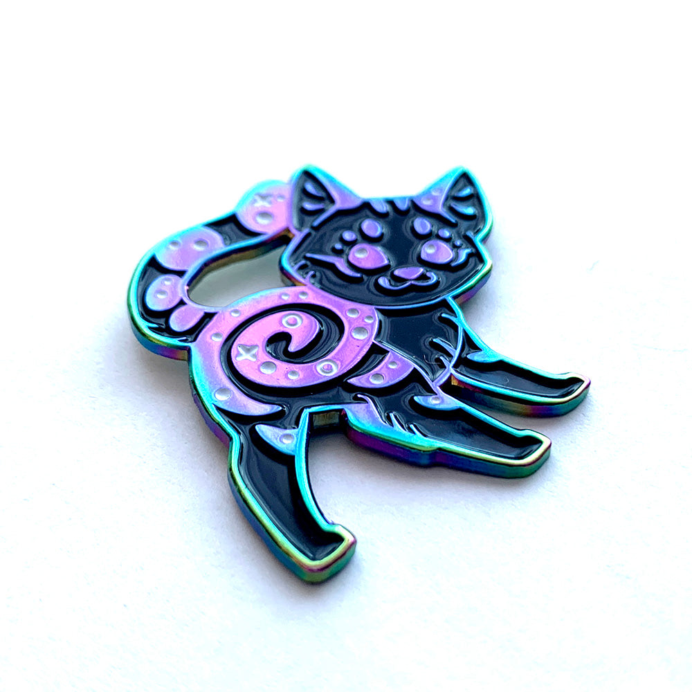 Rainbow Black Marbled Cat Enamel Pin