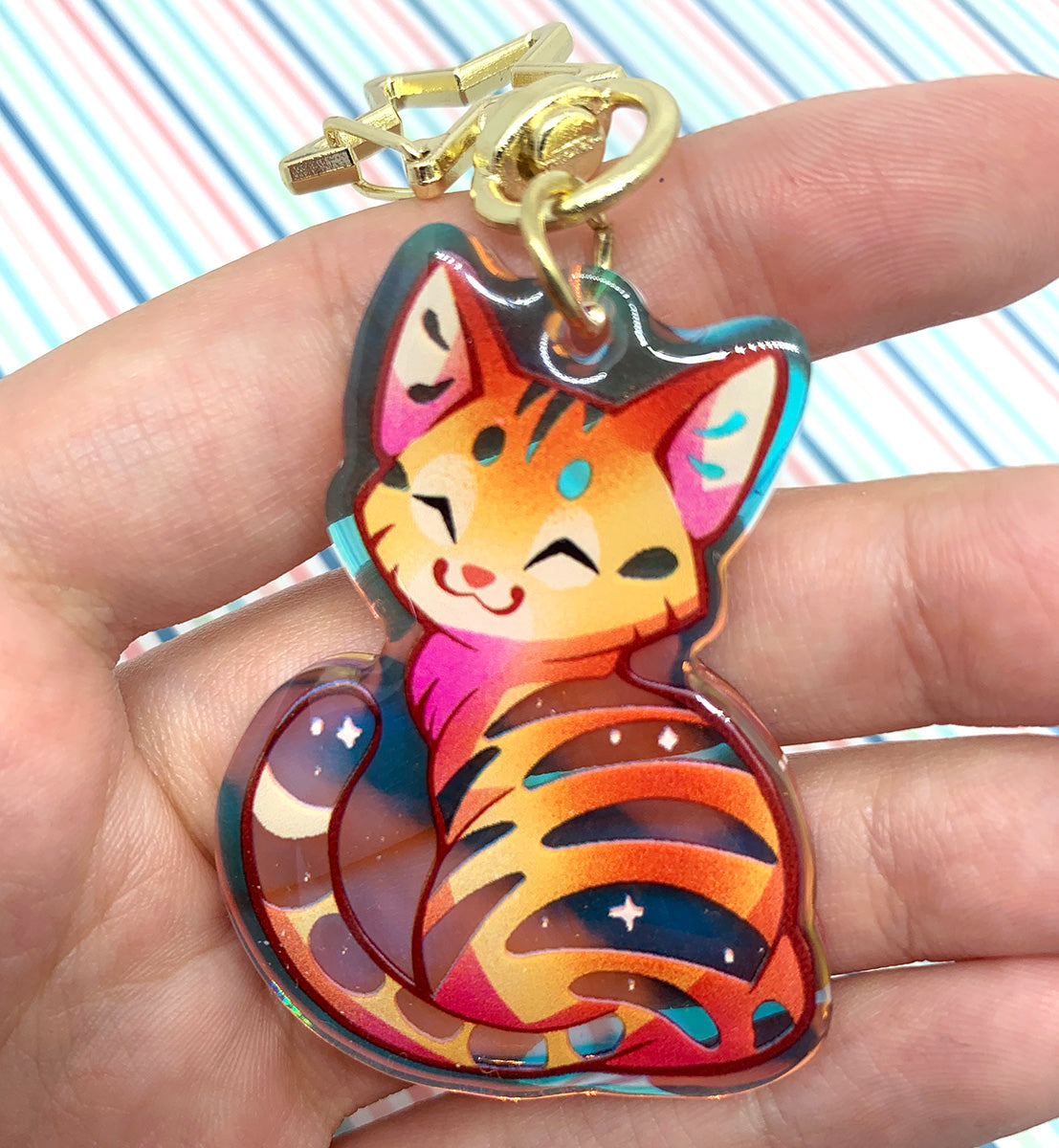 Rainbow Tabby Cat Keyring Charm