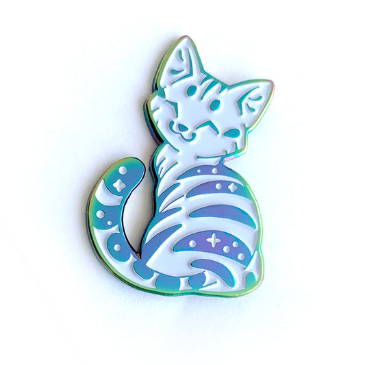 Rainbow White Tabby Cat Enamel Pin